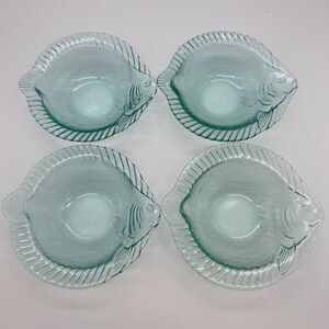 Set Of 4 Frosted Textured Blue See Through Glass Fish Bowls Flounder